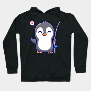 Cute Penguin With Fishing Rod Cartoon Hoodie